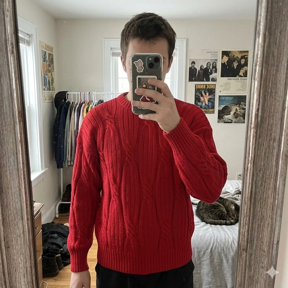 Demetre Mens M Sweater Red Cable Knit 100% Pure Virgin Wool Crew‎ Neck Vintage